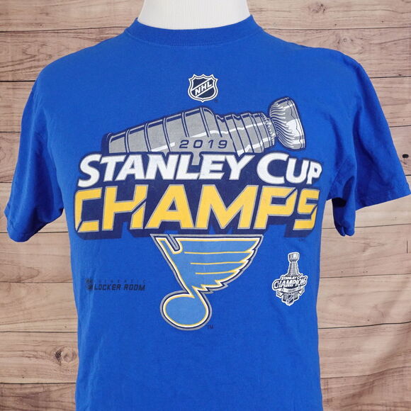 ST LOUIS BLUES NHL HOCKEY 2019 STANLEY CUP CHAMPIONS LOCKER ROOM TSHIRT SZ M - Picture 1 of 7